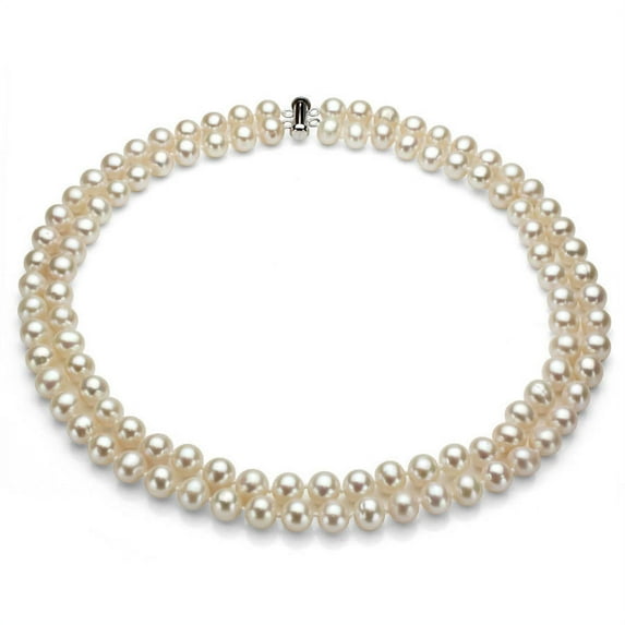 ADDURN White Freshwater Pearl Necklace for Women, Sterling Silver 2 Row 17" & 18" 7x8mm