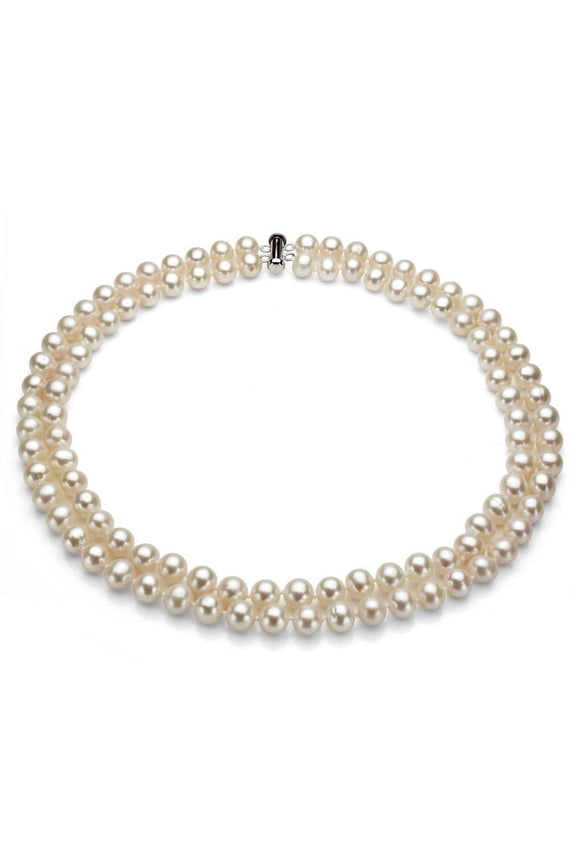 White Freshwater Pearl Necklace for Women, Sterling Silver 2 Row 17" & 18" 7x8mm