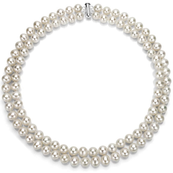 ADDURN White Freshwater Pearl Necklace for Women, Sterling Silver 2 Row 17" & 18" 9mm x 10mm