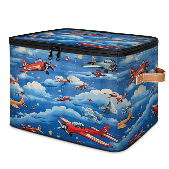 ADECORIVY Airplane Cartoon Storage Bin with Zipper Lid, Fabric Foldable Shelf Baskets Boxes, Closet Lidded Storage Bins, Decorative Clothes Organizer for Bedroom Home