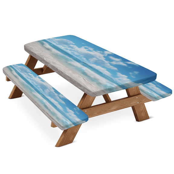ADECORIVY Beach Ocean Picnic Table Cover with Bench Covers, Waterproof Camping Table Cover with Elastic Edges, Fitted Tablecloth Outdoor Camping Essentials 72 Inch