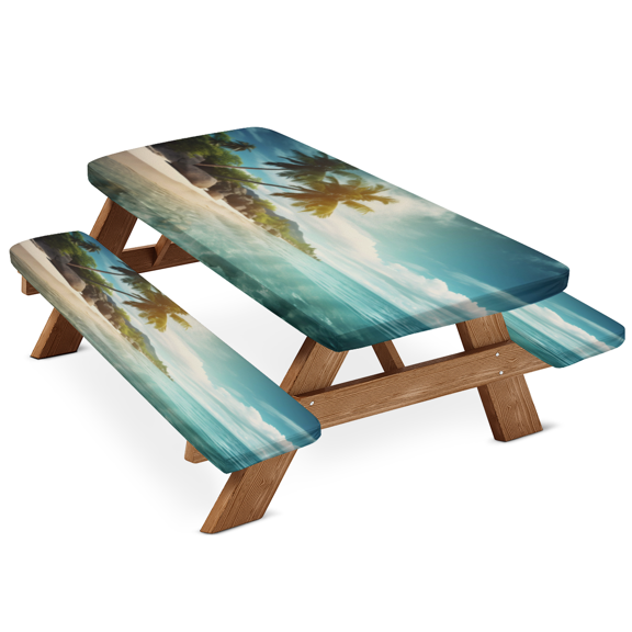 ADECORIVY Beach Palm Tree Picnic Table Cover with Bench Covers, Waterproof Camping Table Cover with Elastic Edges, Fitted Tablecloth Outdoor Camping Essentials 72 Inch