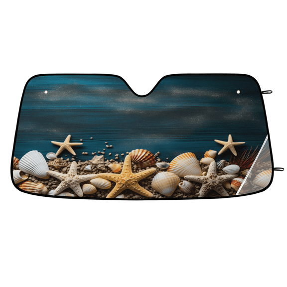 ADECORIVY Beach Seashells Wooden Car Windshield Sun Shade, Front Window Car Sunshade Protector, Foldable UV Rays Sun Shield Visor Protector for SUV Truck Sedan, 55 x 27 in