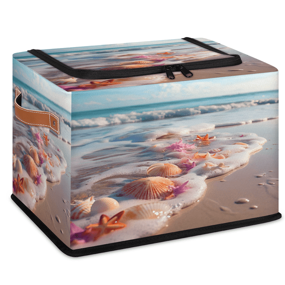 ADECORIVY Beach Shells Sea Fabric Storage Bin with Lid, Foldable Storage Box Decorative Cube Organizer Basket for Closet Shelf Organizing Clothes