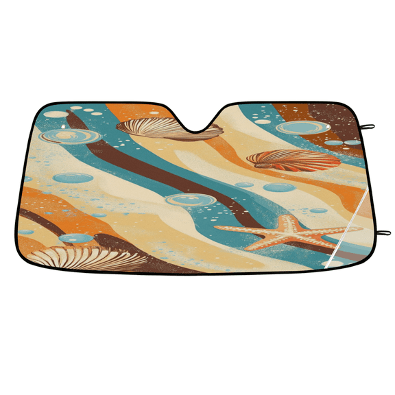 ADECORIVY Beach Starfish Seashells Windshield Sun Shade Car Sunshade for Front Window Modern Art Print Foldable Sun Shield Protector Blocks UV Rays for Car Truck SUV 55 x 27 in