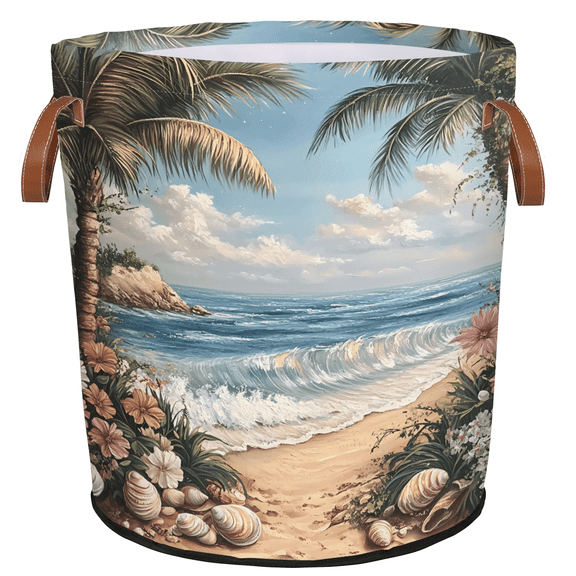 ADECORIVY Beautiful Beach Scene Laundry Hamper, Foldable Dirty Clothes Laundry Basket, Palm Trees Flowers Waterproof Storage Bin with Handles for Bathroom, Bedroom, Home