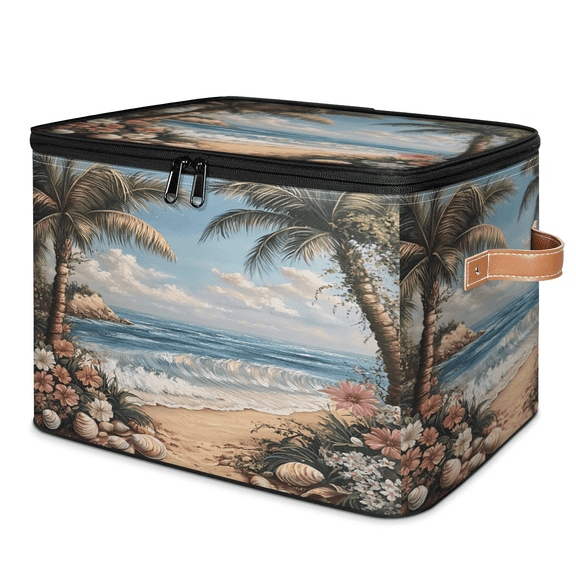 ADECORIVY Beautiful Beach Scene Storage Bin with Lid Fabric Palm Trees Flowers Foldable Storage Baskets Boxes for Clothes Shelves Closet Organizer Containers with Leather Handles for Wardrobe
