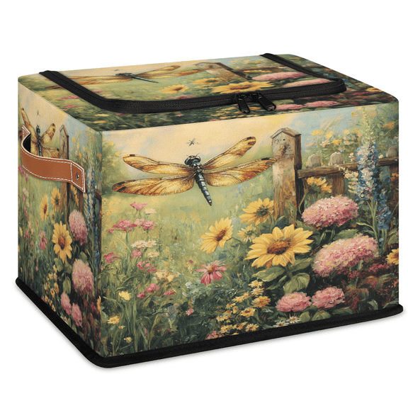 ADECORIVY Beautiful Dragonfly Garden,wildflowers Fabric Storage Bin with Lid, Foldable Storage Box Decorative Cube Organizer Basket for Closet Shelf Organizing Clothes