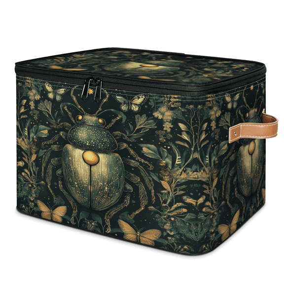 ADECORIVY Beetle Storage Bin with Lid Fabric Beetle Butterfly Foldable Storage Baskets Boxes for Clothes Shelves Closet Organizer Containers with Leather Handles for Wardrobe