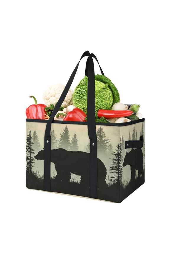 Black Bear Reusable Grocery Bags, Foldable Reusable Shopping Bags, Forest Animal Collapsible Tote Bag with Reinforced Handles for Kitchen, Picnic