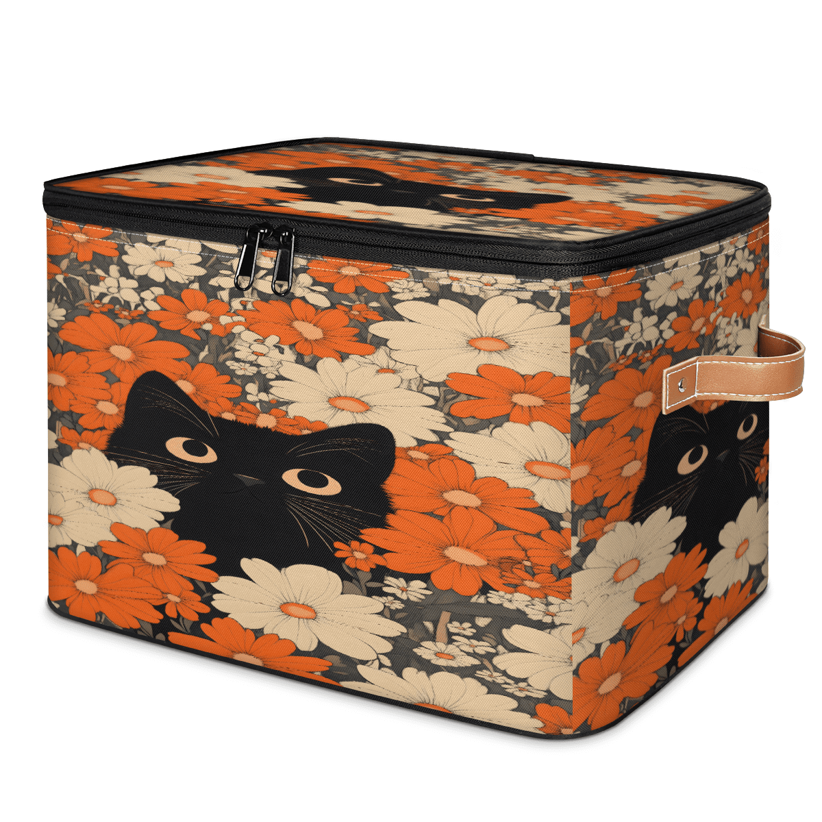 ADECORIVY Black Cat Flowers Storage Bin with Zipper Lid, Fabric Foldable Shelf Baskets Boxes, Closet Lidded Storage Bins, Decorative Clothes Organizer for Bedroom Home