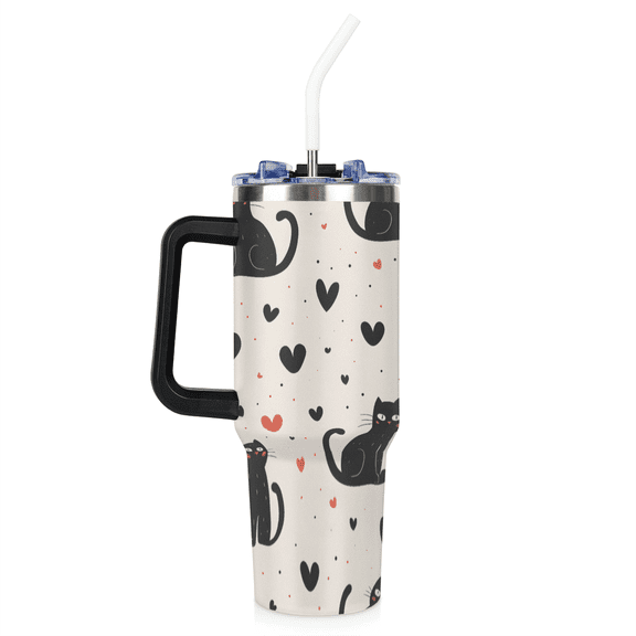 ADECORIVY Black Cat Heart 40 oz Tumbler with Flip Cap Lid, Stainless Steel Cup with Lid and Straw Leakproof Travel Mug Water Bottle for Iced Tea, Coffee