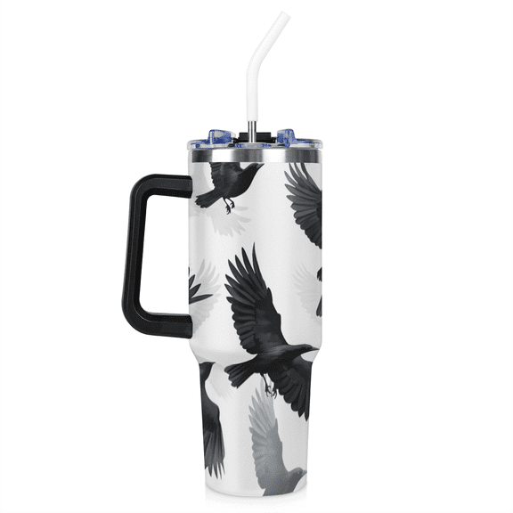 ADECORIVY Black Crow 40 oz Tumbler with Flip Cap Lid, Stainless Steel Cup with Lid and Straw Leakproof Travel Mug Water Bottle for Iced Tea, Coffee