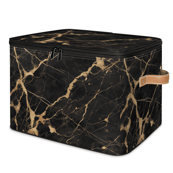 ADECORIVY Black Gold Marble Storage Bin with Zipper Lid, Fabric Foldable Shelf Baskets Boxes, Closet Lidded Storage Bins, Decorative Clothes Organizer for Bedroom Home