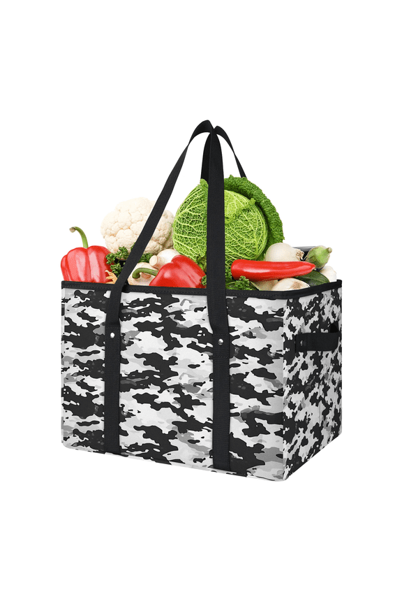 Black Grey White Camo Reusable Grocery Bags, Foldable Shopping Bags for Groceries with Handles, Large Grocery Tote for Kitchen, Market, Car Trunk, Picnic