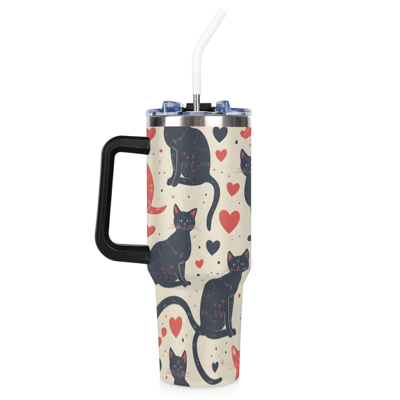 ADECORIVY Black Red Cat Heart 40 oz Tumbler with Flip Cap Lid, Stainless Steel Cup with Lid and Straw Leakproof Travel Mug Water Bottle for Iced Tea, Coffee