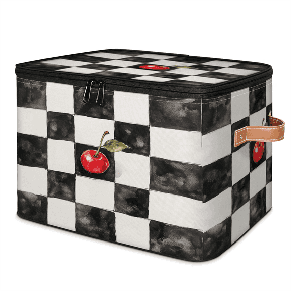 ADECORIVY Black White Checkered Storage Bin with Lid Fabric Red Cherry Foldable Storage Baskets Boxes for Clothes Shelves Closet Organizer Containers with Leather Handles for Wardrobe