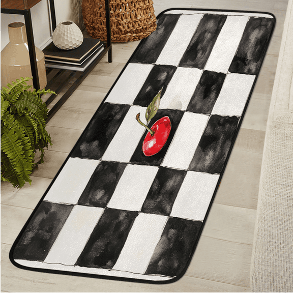 ADECORIVY Black White Checkered Washable 2x6 Kitchen Runner Rug Hallway Runner Rug Non-Slip Floor Mat Red Cherry Carpet for Entryway Entrance Living Room Bedroom