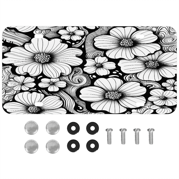 ADECORIVY Black White Daisy License Plate, Aluminum Decorative Novelty Vanity Tag with 4 Holes, Front Plate for Men Women Car Tag Accessories, 6 x 12 inch