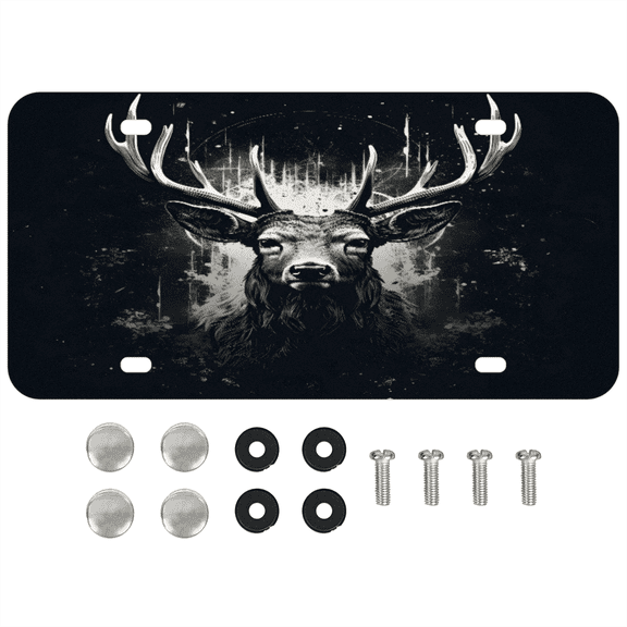 ADECORIVY Black White Deer License Plate, Aluminum Decorative Novelty Vanity Tag with 4 Holes, Front Plate for Men Women Car Tag Accessories, 6 x 12 inch
