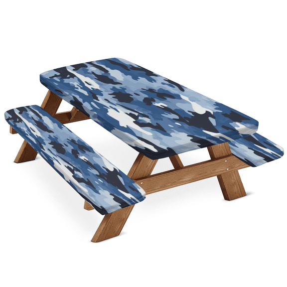 ADECORIVY Blue Camouflage Picnic Table Cover with Bench Covers, Waterproof Camo Print Outdoor Camping Tablecloth, Windproof Elastic Fitted Table Cover, 72 Inch 3PCS