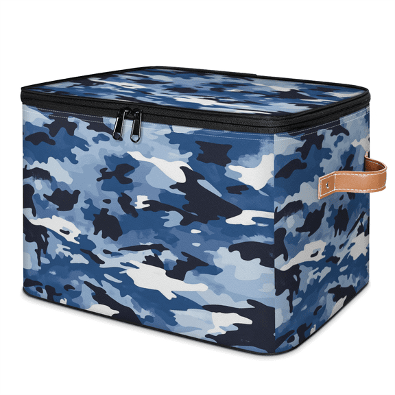 ADECORIVY Blue Camouflage Storage Bin with Lid Fabric Camo Print Foldable Storage Baskets Boxes for Clothes Shelves Closet Organizer Containers with Leather Handles for Wardrobe