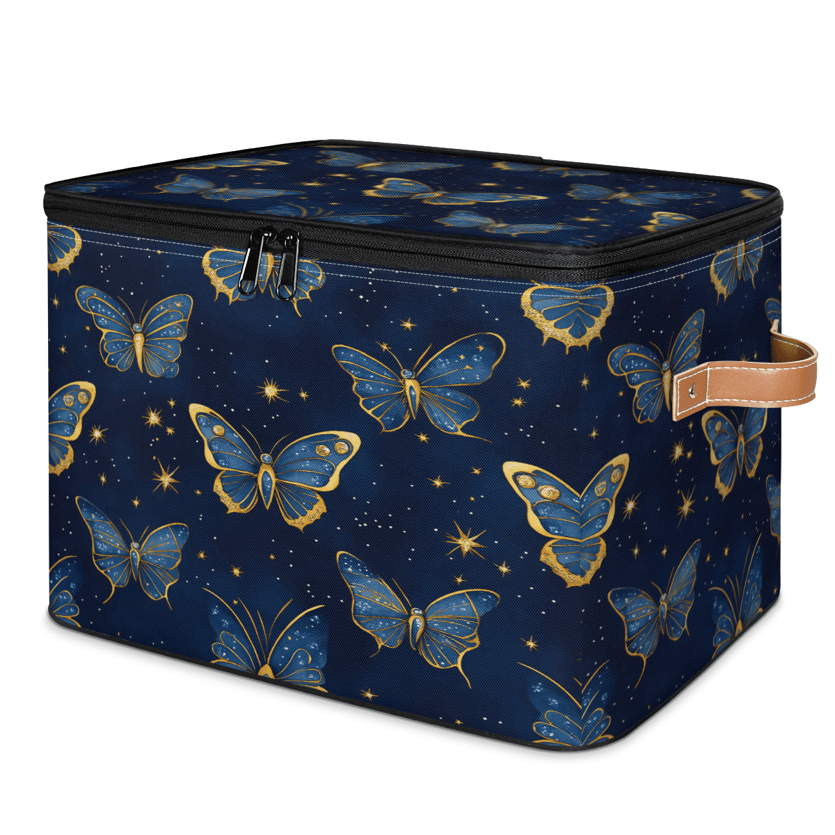 ADECORIVY Blue Gold Butterflies Storage Bin with Zipper Lid, Fabric Foldable Shelf Baskets Boxes, Closet Lidded Storage Bins, Decorative Clothes Organizer for Bedroom Home