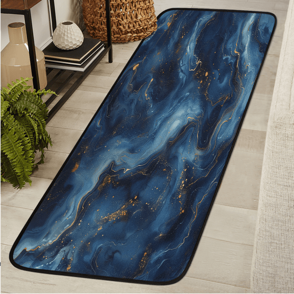 ADECORIVY Blue Gold Marble Washable Runner Rug for Hallway 2x6 Kitchen Runner with Non Slip Backing Soft Low-Pile Floor Carpet for Entrance Living Room Bedroom