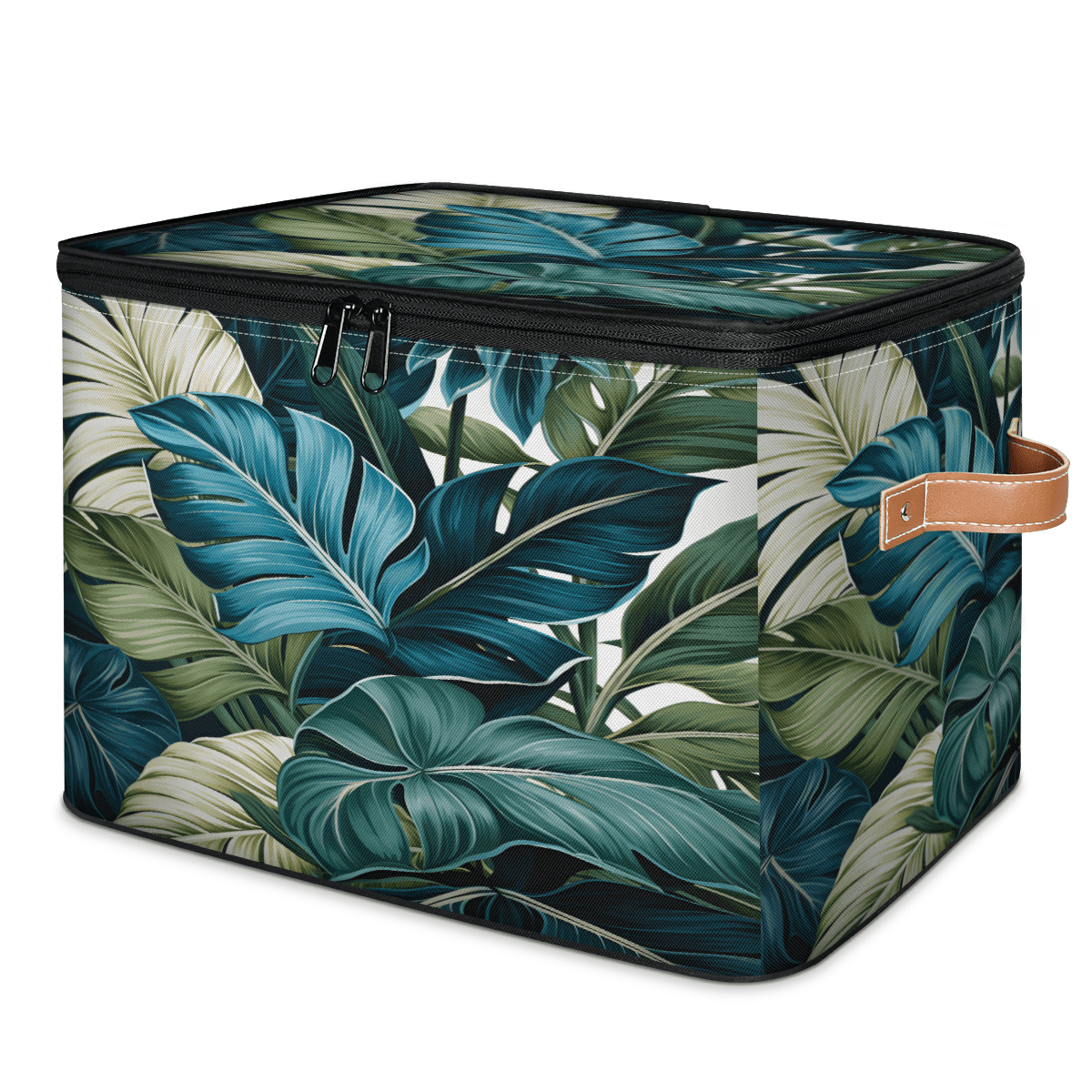 ADECORIVY Blue Green Leaves Storage Bin with Zipper Lid, Fabric Foldable Shelf Baskets Boxes, Closet Lidded Storage Bins, Decorative Clothes Organizer for Bedroom Home