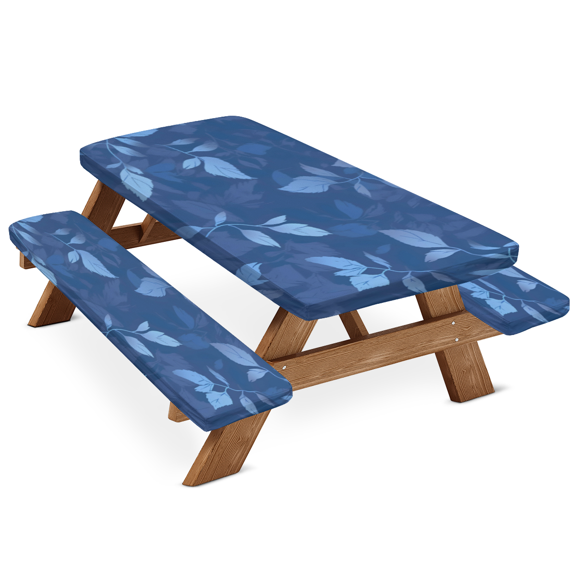 ADECORIVY Blue Leaves Picnic Table Cover with Bench Covers, Waterproof Camping Table Cover with Elastic Edges, Fitted Tablecloth Outdoor Camping Essentials 72 Inch