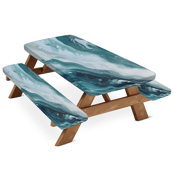 ADECORIVY Blue Marble Picnic Table Cover with Bench Covers, Waterproof Camping Table Cover with Elastic Edges, Fitted Tablecloth Outdoor Camping Essentials 72 Inch