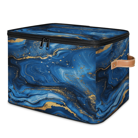ADECORIVY Blue Marble Print Storage Bin with Zipper Lid, Fabric Foldable Shelf Baskets Boxes, Closet Lidded Storage Bins, Decorative Clothes Organizer for Bedroom Home