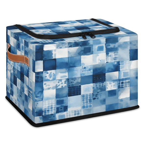 ADECORIVY Blue Plaid Fabric Storage Bin with Lid, Foldable Storage Box Decorative Cube Organizer Basket for Closet Shelf Organizing Clothes