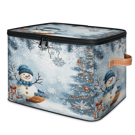 ADECORIVY Blue Snowman,snowflakes Christmas Tree Storage Bin with Zipper Lid, Fabric Foldable Shelf Baskets Boxes, Closet Lidded Storage Bins, Decorative Clothes Organizer for Bedroom Home