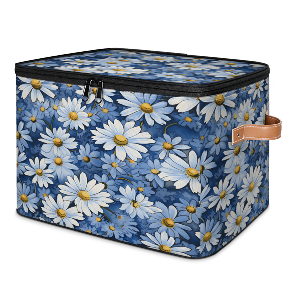 ADECORIVY Blue White Daisy Storage Bin with Zipper Lid, Fabric Foldable Shelf Baskets Boxes, Closet Lidded Storage Bins, Decorative Clothes Organizer for Bedroom Home
