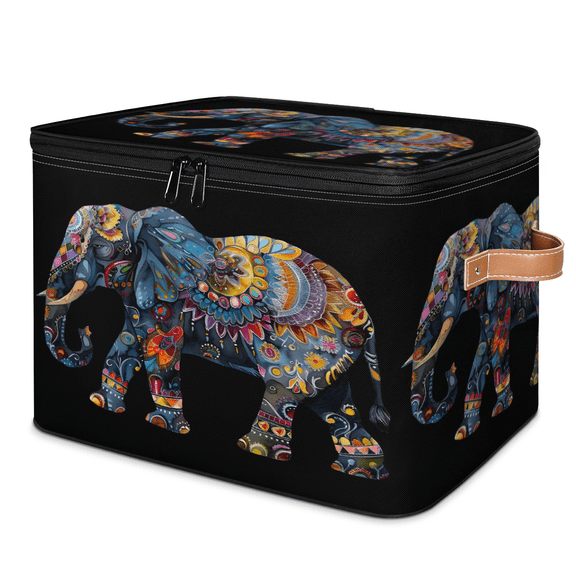 ADECORIVY Bohemian Elephant Storage Bin with Zipper Lid, Fabric Foldable Shelf Baskets Boxes, Closet Lidded Storage Bins, Decorative Clothes Organizer for Bedroom Home
