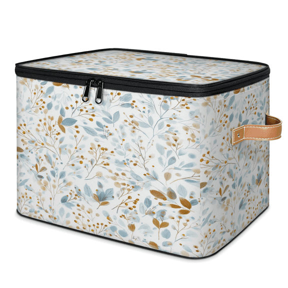 ADECORIVY Boho Blue Gold Leaves Storage Bin with Zipper Lid, Fabric Foldable Shelf Baskets Boxes, Closet Lidded Storage Bins, Decorative Clothes Organizer for Bedroom Home