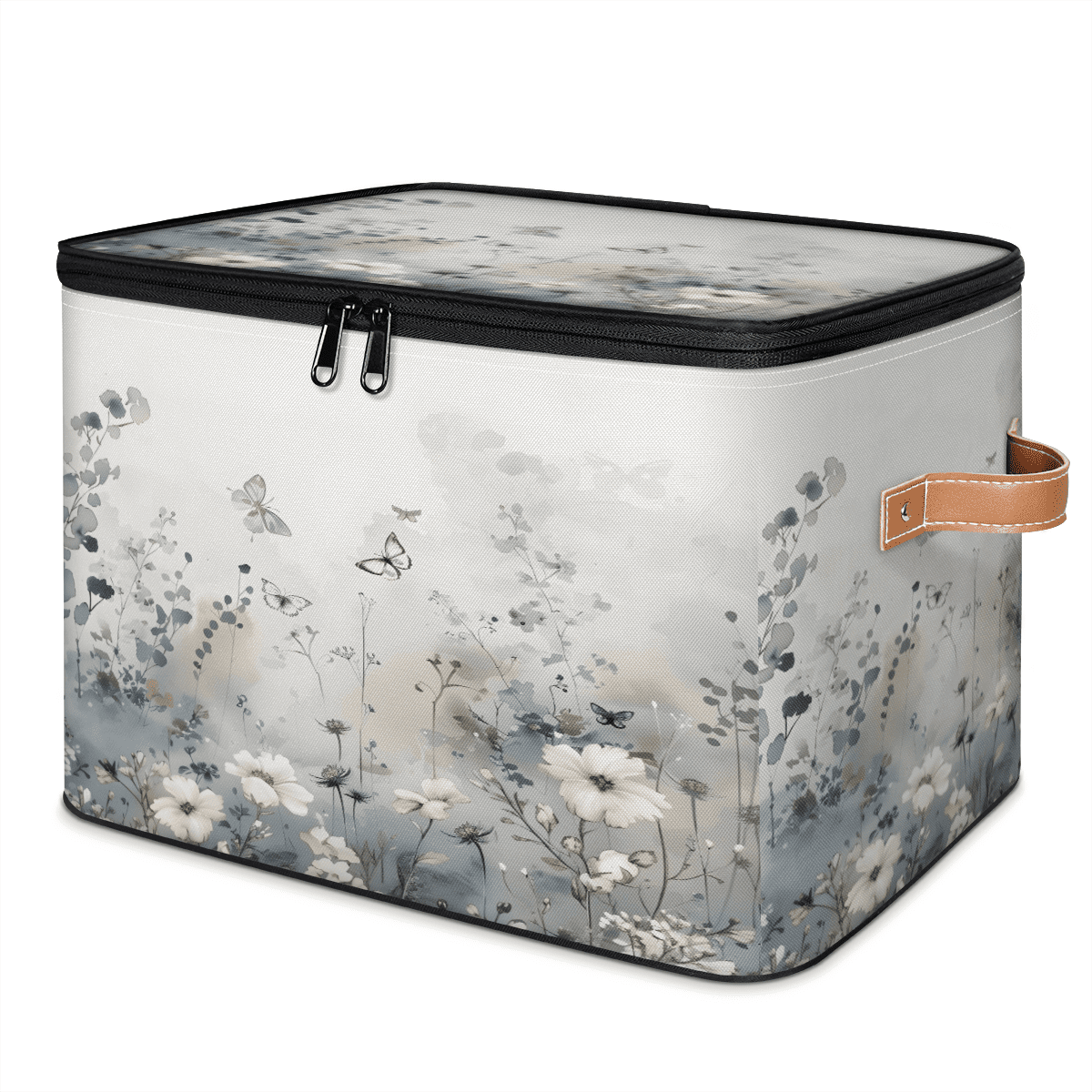 ADECORIVY Boho Grey Floral Botanical Storage Bin with Zipper Lid ...