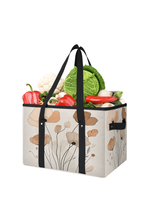 Brown Floral Poppy Reusable Grocery Bags, Foldable Reusable Shopping Bags, Watercolor Flowers Collapsible Tote Bag with Reinforced Handles for Kitchen, Picnic