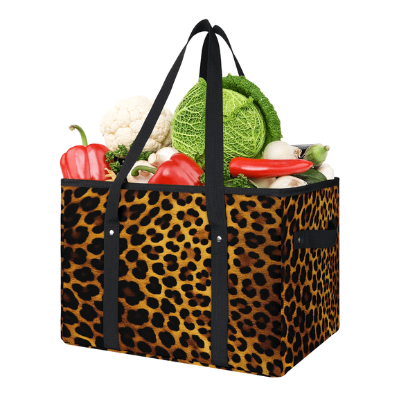 ADECORIVY Brown Leopard Print Reusable Grocery Bags, Foldable Reusable Shopping Bags, Africa Wild Animals Collapsible Tote Bag with Reinforced Handles for Kitchen, Picnic