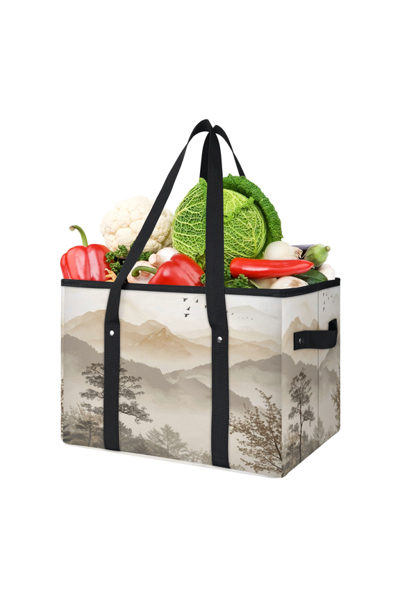Brown Misty Forest Mountain Reusable Grocery Bags, Foldable Shopping Bags for Groceries with Handles, Large Grocery Tote for Kitchen, Market, Car, Trunk, Picnic