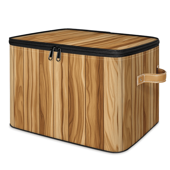 ADECORIVY Brown Wood Grain Storage Bin with Lid Fabric Wooden Foldable Storage Baskets Boxes for Clothes Shelves Closet Organizer Containers with Leather Handles for Wardrobe