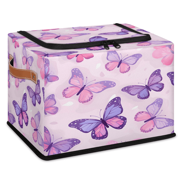 ADECORIVY Butterfly Fabric Storage Bin with Lid, Decorative Closet Shelf Organizers, Purple Pink Foldable Basket Box Clothes Storage Bin with Handles