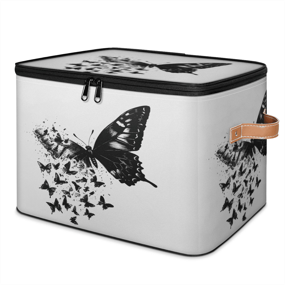ADECORIVY Butterfly Storage Bin with Lid Fabric Black White Foldable Storage Baskets Boxes for Clothes Shelves Closet Organizer Containers with Leather Handles for Wardrobe