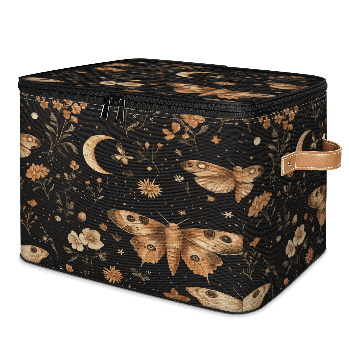 ADECORIVY Butterfly Storage Bin with Lid Fabric Moth Floral Moon Foldable Storage Baskets Boxes for Clothes Shelves Closet Organizer Containers with Leather Handles for Wardrobe