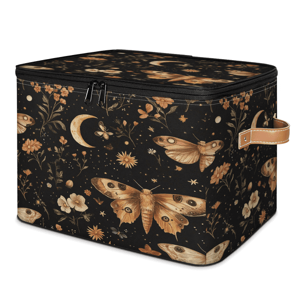 ADECORIVY Butterfly Storage Bin with Lid Fabric Moth Floral Moon Foldable Storage Baskets Boxes for Clothes Shelves Closet Organizer Containers with Leather Handles for Wardrobe