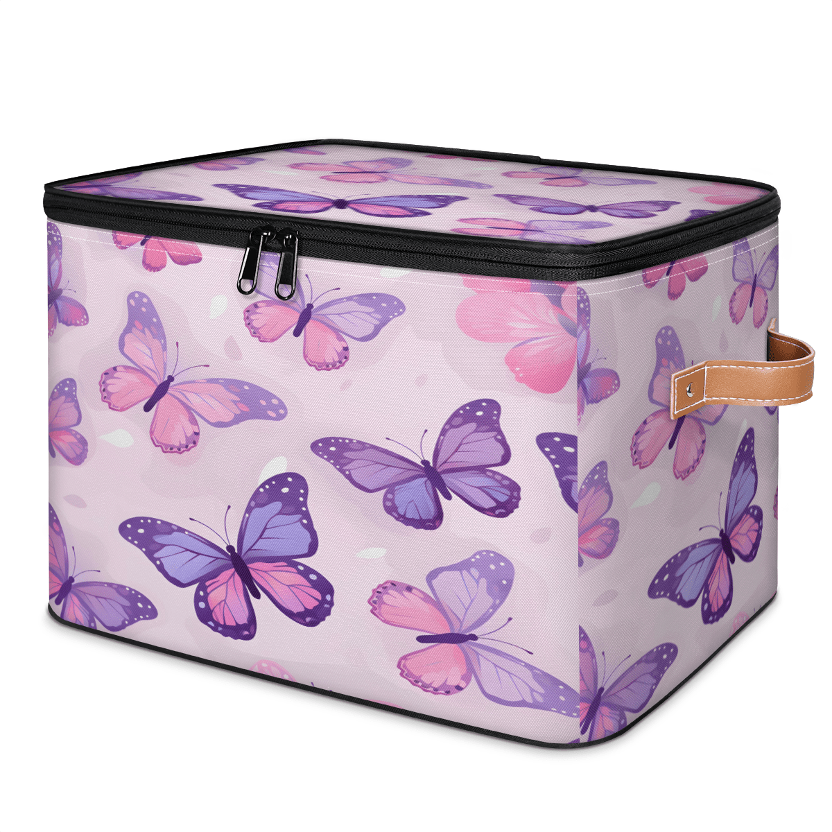 ADECORIVY Butterfly Storage Bin with Lid Fabric Purple Pink Foldable Storage Baskets Boxes for Clothes Shelves Closet Organizer Containers with Leather Handles for Wardrobe
