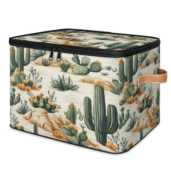 ADECORIVY Cactus Storage Bin with Lid Fabric Tropical Desert Cactus Plant Foldable Storage Baskets Boxes for Clothes Shelves Closet Organizer Containers with Leather Handles for Wardrobe