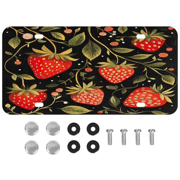 ADECORIVY Cartoon Strawberries Front License Plate, Black Novelty Vanity Tag Aluminum License Plate with 4 Holes, Metal Car Accessory for Men Women, 6 x 12 Inch