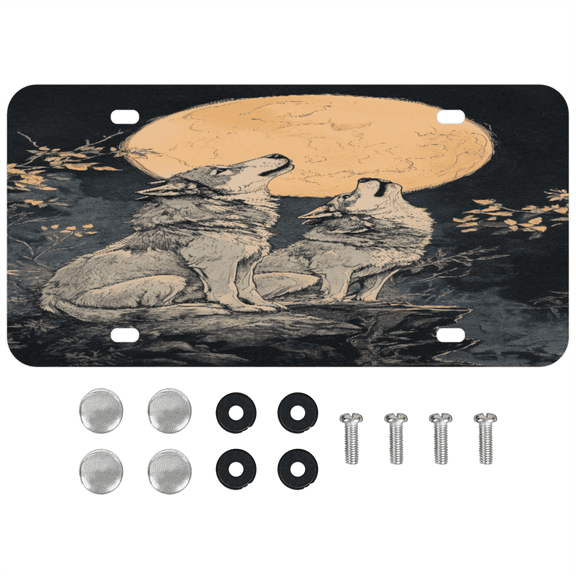 ADECORIVY Cartoon Wolves Front License Plate, Moon Wolf Novelty Vanity Tag Aluminum License Plate with 4 Holes, Metal Car Accessory for Men Women, 6 x 12 Inch